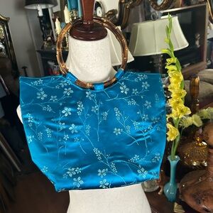 Vintage Turquoise & Gold Handbag with Bamboo Handles